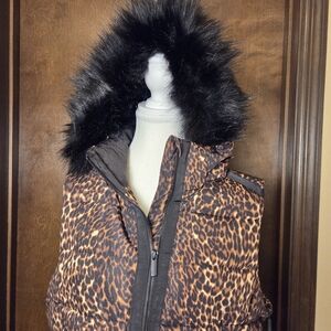 Calvin Klein Leopard Print Puffer Vest with Black Faux Fur NWT